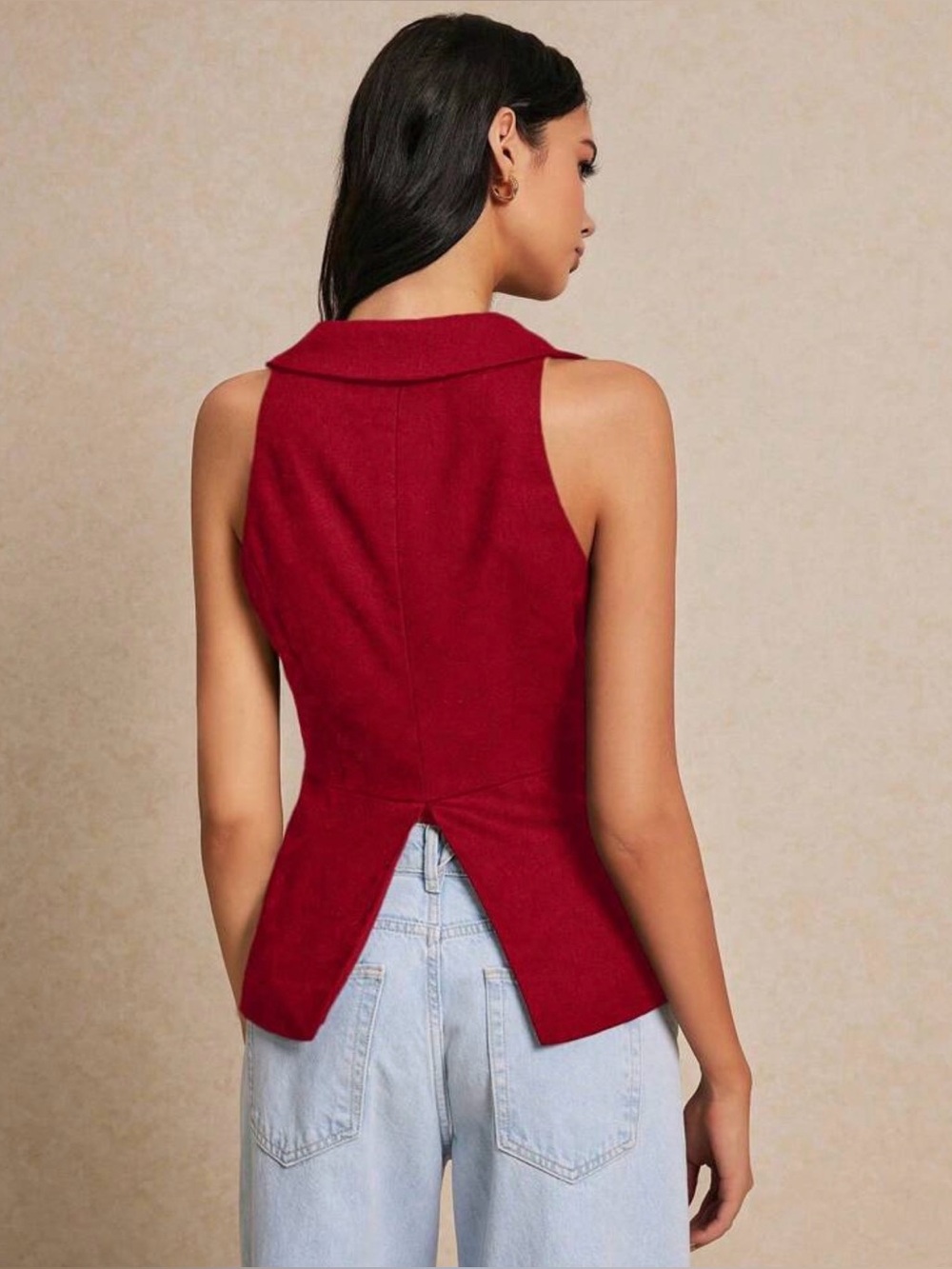 Sleeveless Red Button-Front Collared Top - Picture 2 of 3